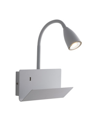 Applique murale flexible blanche GULP avec port USB 2A, 1 ampoule GU10, dimensions 23 x 27 x 49 cm.
