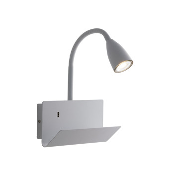 Applique murale flexible blanche GULP avec port USB 2A, 1 ampoule GU10, dimensions 23 x 27 x 49 cm.