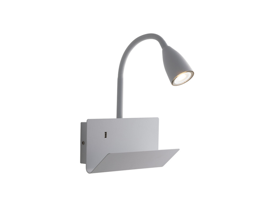 Applique murale flexible blanche GULP avec port USB 2A, 1 ampoule GU10, dimensions 23 x 27 x 49 cm.