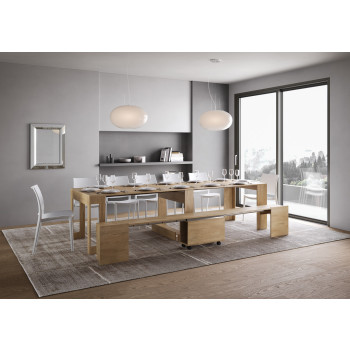 Console Evolve avec banc inférieur - Console extensible 90x42/302 cm Evolve frêne blanc avec rallonges internes et banc inférieur