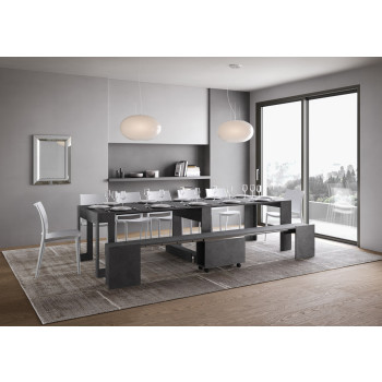 Console Evolve avec banc inférieur - Console extensible 90x42/302 cm Evolve frêne blanc avec rallonges internes et banc inférieur