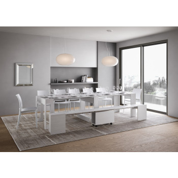 Console Evolve avec banc inférieur - Console extensible 90x42/302 cm Evolve frêne blanc avec rallonges internes et banc inférieur