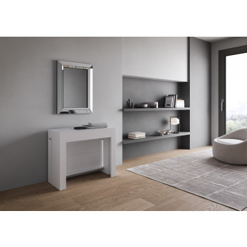Console Evolve avec banc inférieur - Console extensible 90x42/302 cm Evolve frêne blanc avec rallonges internes et banc inférieur