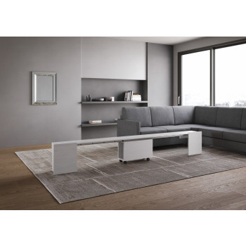 Console Evolve avec banc inférieur - Console extensible 90x42/302 cm Evolve frêne blanc avec rallonges internes et banc inférieur