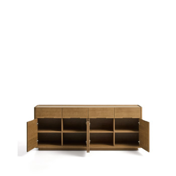 Buffet Arelida en placage chêne et bois massif, finition brun clair, 200 x 80 cm, certifié FSC Mix.