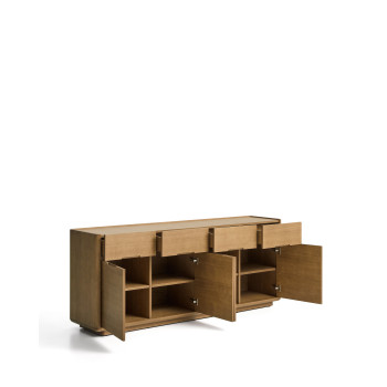 Buffet Arelida en placage chêne et bois massif, finition brun clair, 200 x 80 cm, certifié FSC Mix.