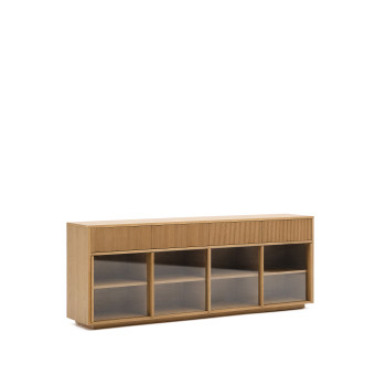 Buffet Helvine à 4 portes et 4 tiroirs, placage chêne et verre trempé, 200 x 80 cm, certifié FSC 100 %