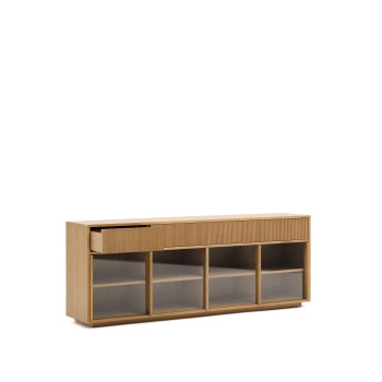 Buffet Helvine à 4 portes et 4 tiroirs, placage chêne et verre trempé, 200 x 80 cm, certifié FSC 100 %