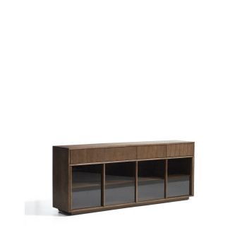 Buffet Helvine à 4 portes et 4 tiroirs en placage frêne finition noyer et verre trempé 200 x 80 cm FSC 100 %