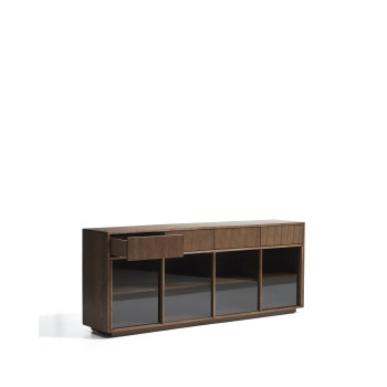 Buffet Helvine à 4 portes et 4 tiroirs en placage frêne finition noyer et verre trempé 200 x 80 cm FSC 100 %