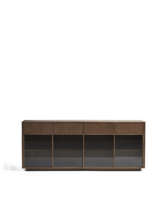 Buffet Helvine à 4 portes et 4 tiroirs en placage frêne finition noyer et verre trempé 200 x 80 cm FSC 100 %