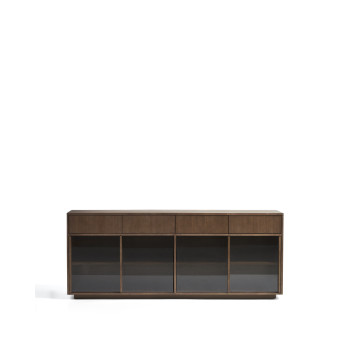Buffet Helvine à 4 portes et 4 tiroirs en placage frêne finition noyer et verre trempé 200 x 80 cm FSC 100 %