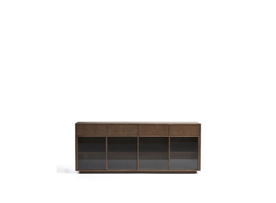Buffet Helvine à 4 portes et 4 tiroirs en placage frêne finition noyer et verre trempé 200 x 80 cm FSC 100 %