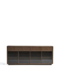 Buffet Helvine à 4 portes et 4 tiroirs en placage frêne finition noyer et verre trempé 200 x 80 cm FSC 100 %