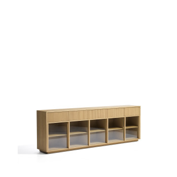 Buffet Helvine à 5 portes et 5 tiroirs en placage chêne et verre trempé 242 x 80 cm FSC 100%