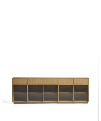 Buffet Helvine à 5 portes et 5 tiroirs en placage chêne et verre trempé 242 x 80 cm FSC 100%