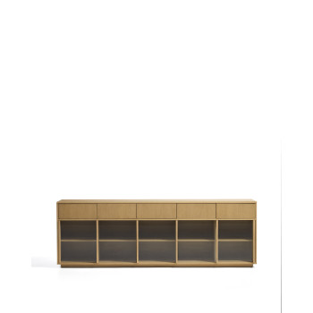 Buffet Helvine à 5 portes et 5 tiroirs en placage chêne et verre trempé 242 x 80 cm FSC 100%