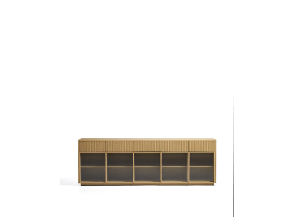 Buffet Helvine à 5 portes et 5 tiroirs en placage chêne et verre trempé 242 x 80 cm FSC 100%