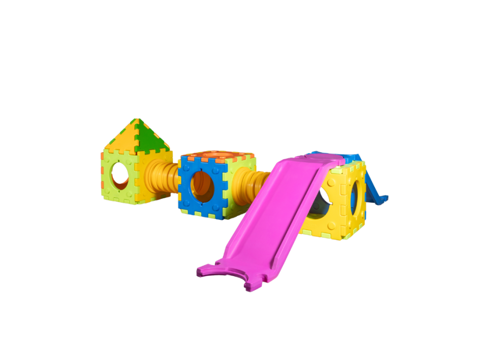 Modèle de jouet cubique e- jeu modulaire avec 1 petite échelle-toboggan, 2 cubes et 1 maison.