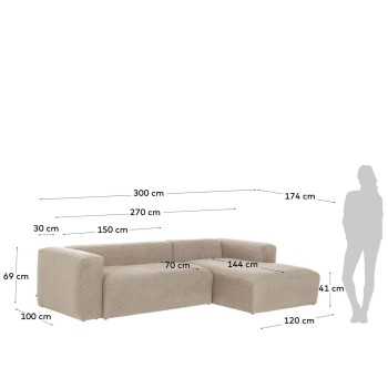 Canapé 3 places Blok méridienne droite beige 300 cm