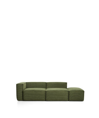 Canapé 3 places Blok avec accoudoir gauche et pouf latéral en velours côtelé vert épais, 270 cm. Crédit FSC Mix.