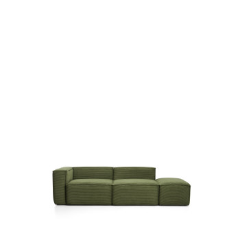 Canapé 3 places Blok avec accoudoir gauche et pouf latéral en velours côtelé vert épais, 270 cm. Crédit FSC Mix.