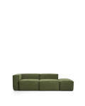 Canapé 3 places Blok avec accoudoir gauche et pouf latéral en velours côtelé vert épais, 270 cm. Crédit FSC Mix.
