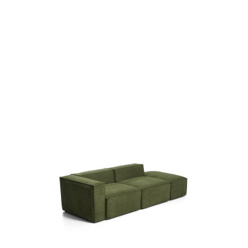 Canapé 3 places Blok avec accoudoir gauche et pouf latéral en velours côtelé vert épais, 270 cm. Crédit FSC Mix.
