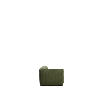 Canapé 3 places Blok avec accoudoir gauche et pouf latéral en velours côtelé vert épais, 270 cm. Crédit FSC Mix.