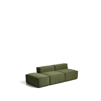Canapé 3 places Blok avec pouf d'extrémité en velours côtelé vert épais, 240 cm, certifié FSC Mix.