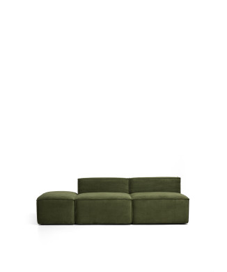 Canapé 3 places Blok avec pouf d'extrémité en velours côtelé vert épais, 240 cm, certifié FSC Mix.