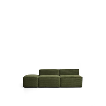 Canapé 3 places Blok avec pouf d'extrémité en velours côtelé vert épais, 240 cm, certifié FSC Mix.
