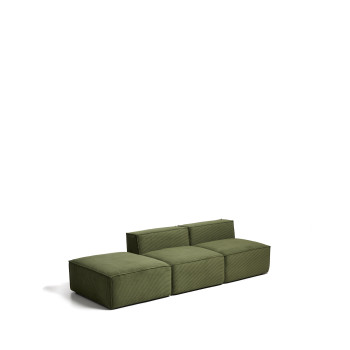 Canapé 3 places Blok avec pouf d'extrémité en velours côtelé vert épais, 270 cm, certifié FSC Mix.
