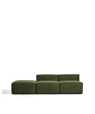 Canapé 3 places Blok avec pouf d'extrémité en velours côtelé vert épais, 270 cm, certifié FSC Mix.