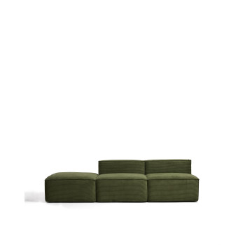 Canapé 3 places Blok avec pouf d'extrémité en velours côtelé vert épais, 270 cm, certifié FSC Mix.