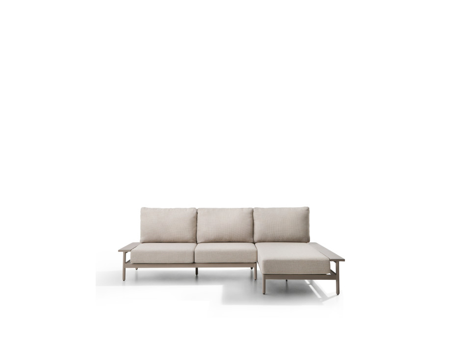 Canapé 3 places Vathi en aluminium avec méridienne à droite, gris tourterelle, 250 x 159 cm