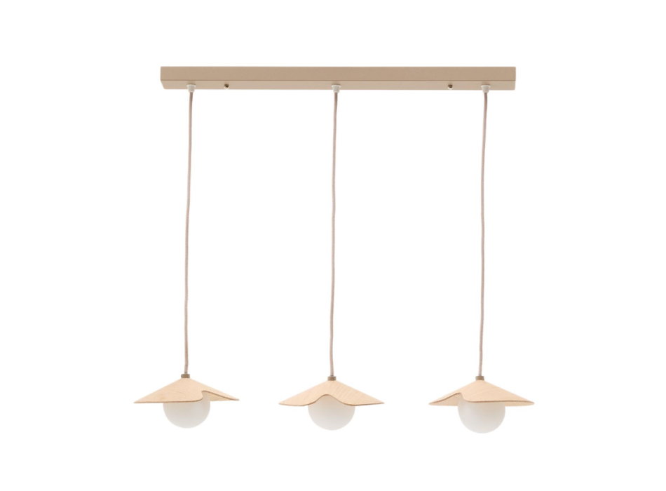 Plafonnier Wilara en placage de chêne avec 3 perles de verre fumé blanc