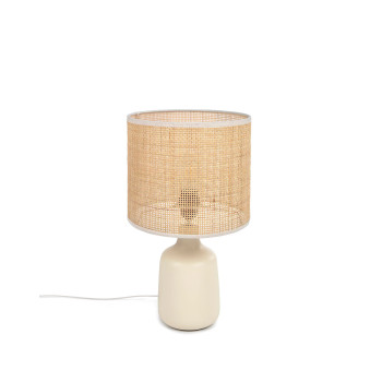 Lampe de table Erna en céramique blanche et bambou avec une finition naturelle