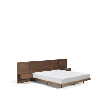 Lit Norlen avec 2 tables de chevet en placage noyer finition foncée et éclairage LED pour matelas 180 x 200 cm. Crédit FSC Mix.