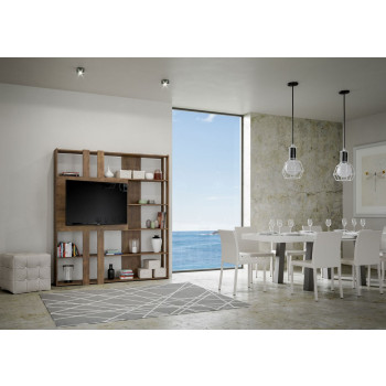 Meuble TV bibliothèque Kato - Composition L Kato 6R 2 côtés 2 bandes longues 2 bandes courtes 2 bandes moyennes Panneau TV Frêne blanc