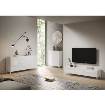 Buffet/meuble TV/buffet haut Solaria blanc brillant - Buffet haut 4 portes Solaria blanc brillant 90 x 35 x 110 cm