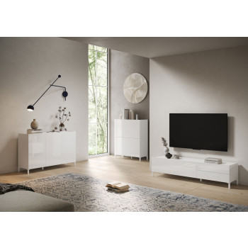 Buffet/Meuble TV/Buffet haut Solaria Blanc brillant - Meuble TV 1 porte/2 tiroirs 160 x 42 x 40 cm Solaria Blanc brillant
