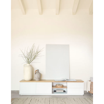 Meuble TV Abilen 2 portes 2 tiroirs placage blanc 200 x 44 cm FSC 100%