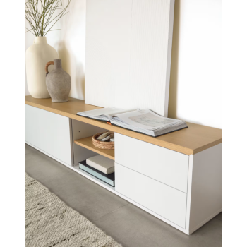 Meuble TV Abilen 2 portes 2 tiroirs placage blanc 200 x 44 cm FSC 100%