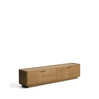 Meuble TV Arelida en placage chêne et bois massif, finition brun clair, 200 x 44 cm, certifié FSC Mix.