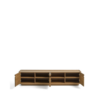 Meuble TV Arelida en placage chêne et bois massif, finition brun clair, 200 x 44 cm, certifié FSC Mix.