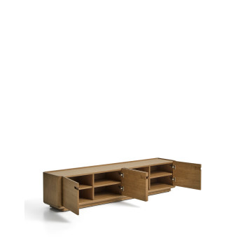 Meuble TV Arelida en placage chêne et bois massif, finition brun clair, 200 x 44 cm, certifié FSC Mix.