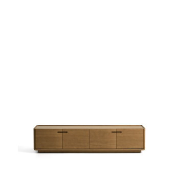 Meuble TV Arelida en placage chêne et bois massif, finition brun clair, 200 x 44 cm, certifié FSC Mix.