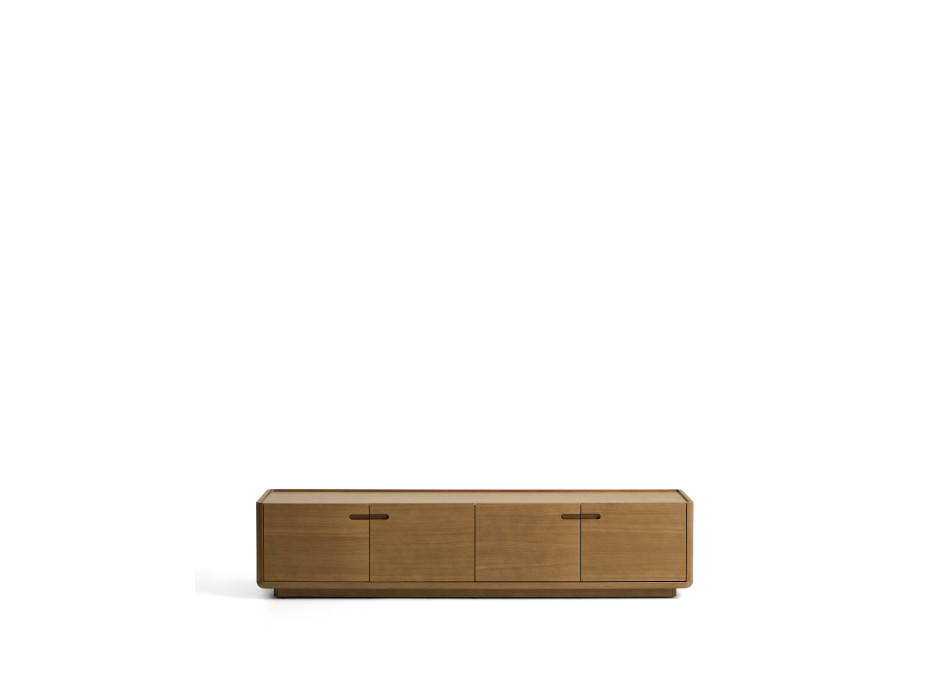 Meuble TV Arelida en placage chêne et bois massif, finition brun clair, 200 x 44 cm, certifié FSC Mix.