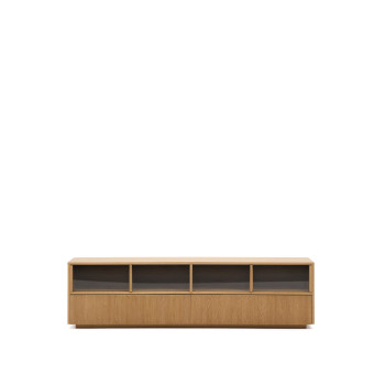 Meuble TV Helvine à 4 portes et 2 tiroirs, placage chêne et verre trempé, 200 x 54 cm, certifié FSC 100 %